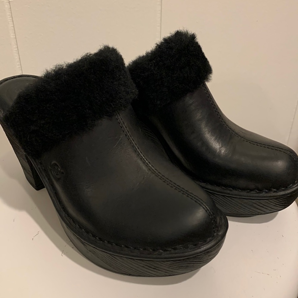 Born Black Shearling Heeled Clogs Size 7M